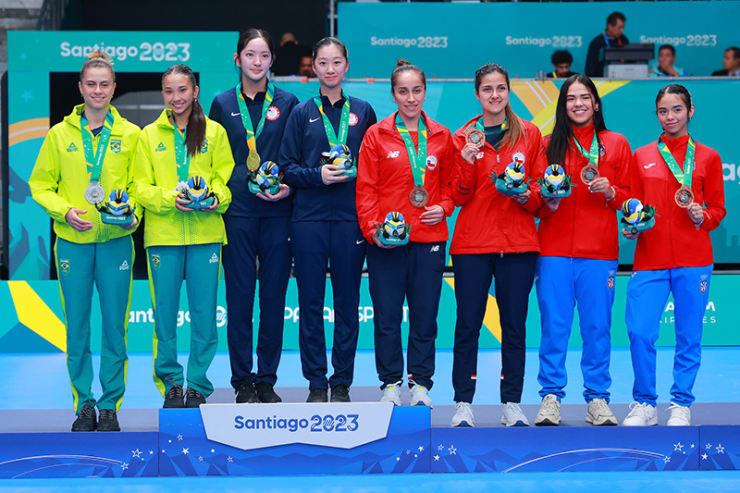 Doubles – Amy Wang and Rachel Sung are awarded gold on podium for Women's doubles at the Olympic Training Center for the Santiago 2023 Pan American Games. Santiago, Chile. October 31, 2023.